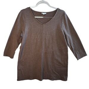 Pure Jill Brown Pima Cotton Blend 3/4 Sleeve V-Neck Tunic Top Medium Minimalist